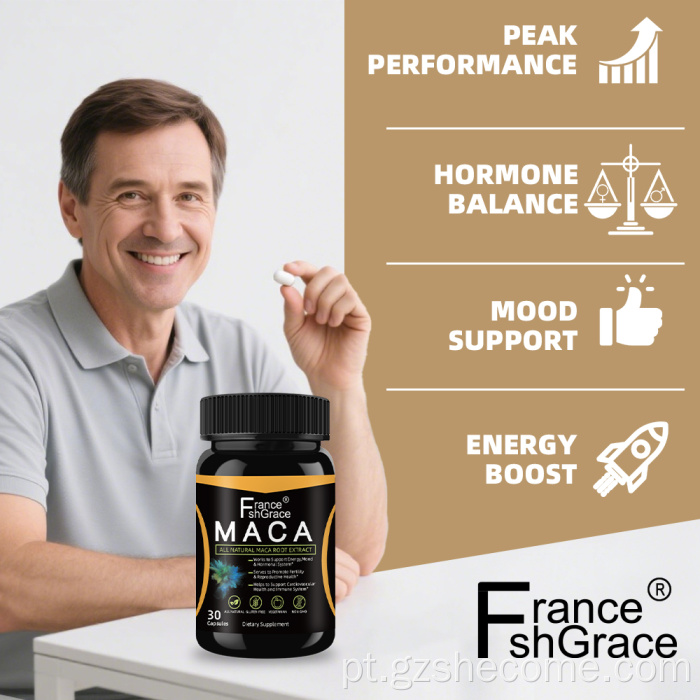 A maca vegana ginseng suporta cápsulas de raiz de maca de resistência